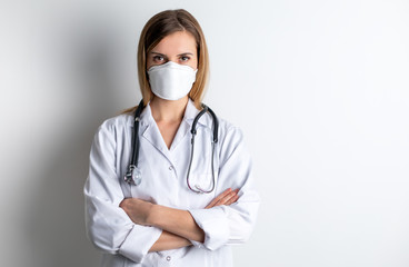 Virus mask female doctor wearing face protection in prevention for coronavirus
