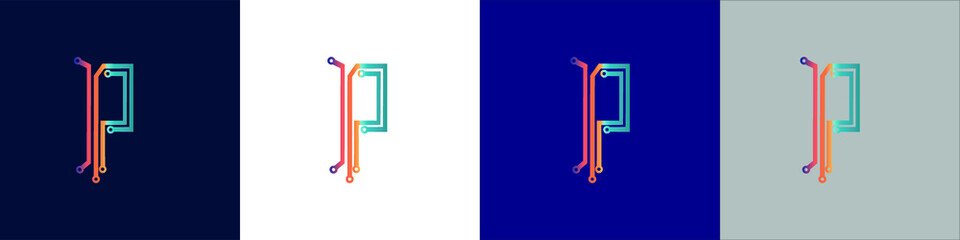 Letter P  tech logo icon design. Vector template graphic elements. Technology, digital interfaces, hardware and engineering concepts. Graphic made of circuits