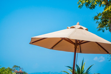 Umbrella and chair around sea beach ocean with coconut palm tree on blue sky background