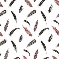 Black and brown birds feather seamless pattern. Watercolor hand drawn feathers flying, isolated on white background. Boho style. Decorative bohemian print. Natural illustration.