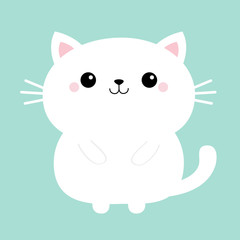 White cat kitten kitty icon. Cute kawaii cartoon round character. Funny head face. Happy Valentines Day. Pink cheeks. Baby greeting card template. Blue background. Isolated. Flat design.