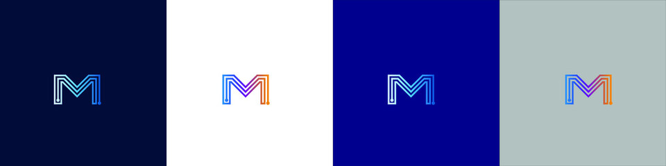 Letter M tech logo icon design. Vector template graphic elements. Technology, digital interfaces, hardware and engineering concepts. Graphic made of circuits
