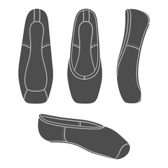 Set of black and white illustrations with pointe shoes, ballet shoes. Isolated vector objects on a white background.