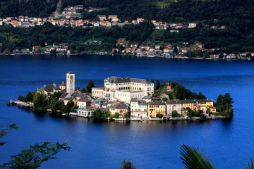 Orta San Giulio (NO), Italy - September 02, 2019: Landscape of San Giulio Island on Lake Orta, Novara, Piedmont, Italy