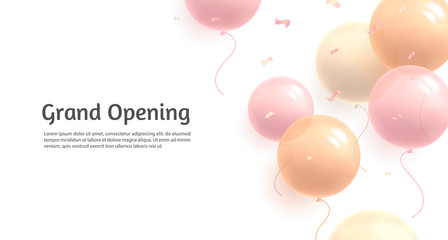 Background with pastel delicate soft air balloons of round shape and confetti, flying in random on white backdrop to the right side of the composition and text grand opening of woman or girl bussiness © YarM