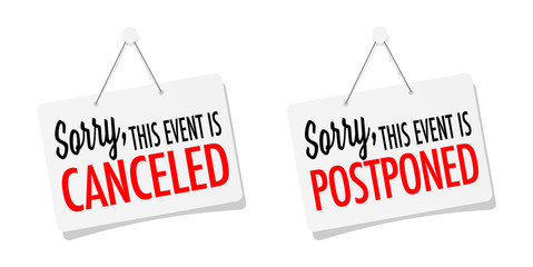 Sorry, this event is canceled or postponed on sticker - obrazy, fototapety, plakaty