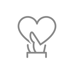 Hand holds big heart line icon. Share a love, like, feedback symbol