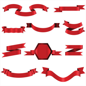 Red Ribbon Set In Isolated For Celebration And Winner Award Banner White Background, Vector Illustration can use for anniversary, birthday, party, event, holiday And others.