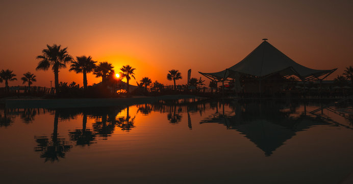 sunset with palmtrees reflection in swimming pool © vaneynde