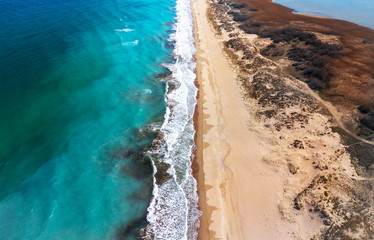 Aerial view of beach shore in the morning.