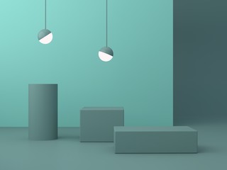 Minimal scene with podium and abstract background. Geometric shape. Green colors scene. Minimal 3d rendering. Scene with geometrical forms, Green background and spherical lights. 3d render. 