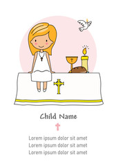 Communion girl card. Child in church