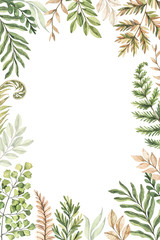 Botanical watercolor frame with green leaves, fern, herbs and branches. Watercolor illustration. Floral invitation Design. Perfect for wedding invitations, greeting cards, blogs, posters, logo