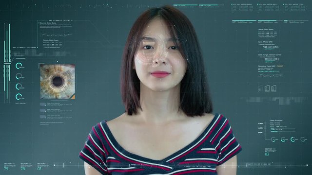 Futuristic biometric retina recognition algorithm technology scanning a young teenager's pupil with invisible infrared light to pick up unique patterns in the iris for personal authentication