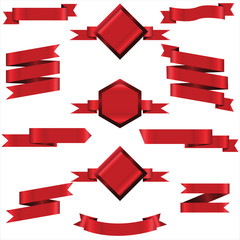Red Ribbon Set In Isolated For Celebration And Winner Award Banner White Background, Vector Illustration can use for anniversary, birthday, party, event, holiday And others.