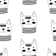 Animal seamless pattern with cat and different shapes. Abstract baby background illustration.