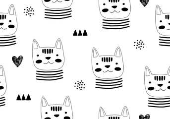 Tapeten Tiernahtloses Muster mit Katze und verschiedenen Formen. Abstrakte Babyhintergrundillustration. © OliaGraphics