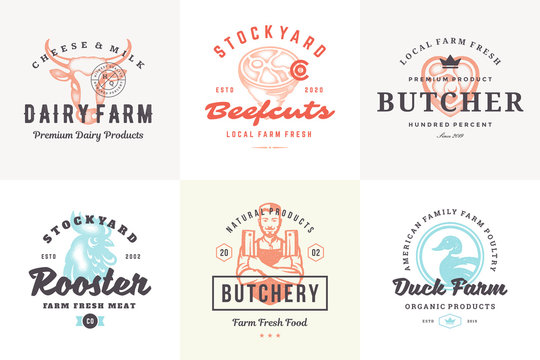 Hand drawn logos and labels farm animals with modern vintage typography hand drawn style set vector illustration