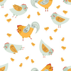 Fototapeta premium Seamless pattern with hens, roosters and chickens with a hand-drawn pattern on the wings. Cute birds in different poses. Vector illustration