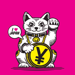 Lucky Cat with Yen Coin Japan Money Character Design