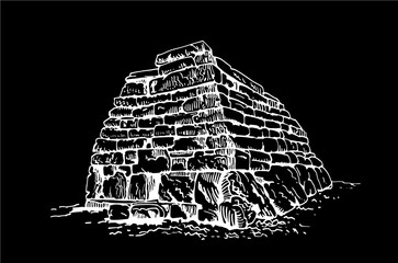 Graphical sketch of megalith isolated on black background,vector illustration of taula, sightseeing,Spain