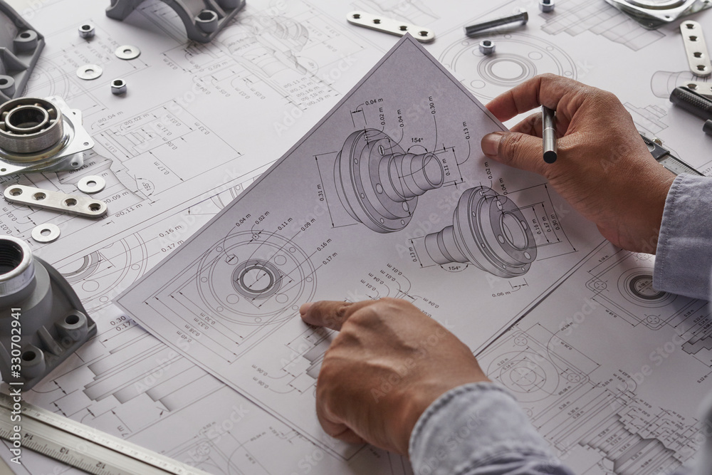 Poster engineer technician designing drawings mechanical parts engineering engine.manufacturing factory ind