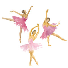 Hand-drawn watercolor illustration: set of dancing ballerinas. Vector - obrazy, fototapety, plakaty