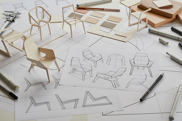 Designer sketching drawing design development product plan draft chair armchair Wingback Interior...