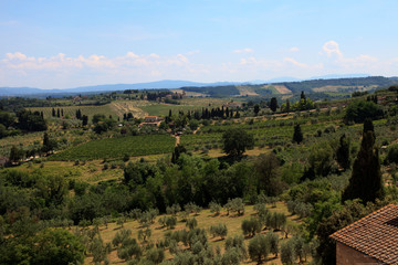 Fototapeta na wymiar San Gimignano (SI), Italy - April 10, 2017: View of country landscape in San Gimignano, Tuscany, Italy