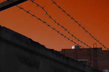 Barbed wire against red background
