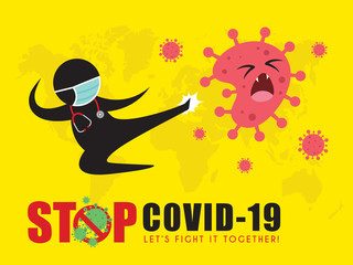 Stick figure man in medical face mask fly kick coronavirus. Stop coronavirus (covid-19) vector illustration. Doctor fighting coronavirus pictogram. Epidemic infectious disease concept art poster.