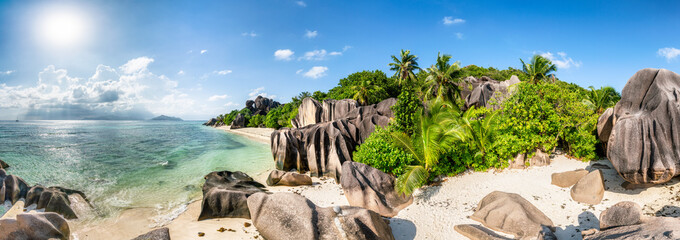 Panoramic view of Anse Source d'Argent beach in the Seychelles