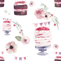 Seamless pattern with cakes and flowers