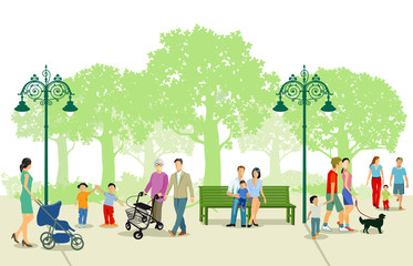 Stadtpark mit Familien und Personen in der Freizeit