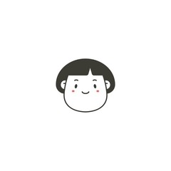 Comic Face avatar. Male or Female. Stylish Haircut. Minimalistic Icon. Black and white outline Vector illustration. Head with wide chin. Isolated on white. Cartoon Asian style. Simple cute design. 