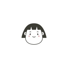 Comic Face avatar. Male or Female. Stylish Haircut. Minimalistic Icon. Black and white outline Vector illustration. Head with wide chin. Isolated on white. Cartoon Asian style. Simple cute design. 