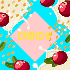 Packaging label design template for granola bar, oatmeal cereal with cranberry. Colorful vector cartoon illustration.