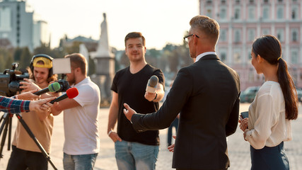 Fresh daily. Journalists conducting interview of politician. Journalism industry, live streaming concept.