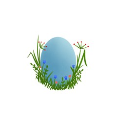 Easter blue egg hidden in the grass and flowers. Beautiful colorful easter composition for greeting cards, print, poster.