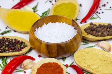 Variety of spices and seasonings (indian curry, different pepper, paprika powder, salt, dry ginger and curcuma) for cooking in wooden spoons on white kitchen table background.