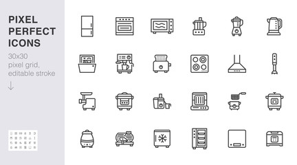 Kitchen appliance line icon set. Oven, mixer, dishwasher, food processor, combi steamer minimal vector illustrations. Simple outline signs of cooking equipment. 30x30 Pixel Perfect. Editable Strokes