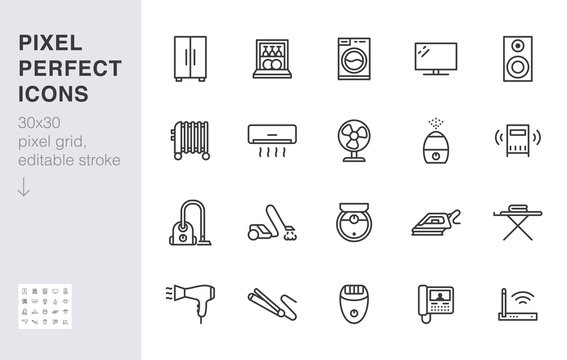 Household appliance line icon set. Washing machine, humidifier robot vacuum cleaner, curling iron minimal vector illustration. Simple outline signs for electronic. 30x30 Pixel Perfect Editable Stroke