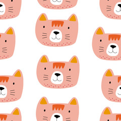 Animal seamless pattern with cat and different shapes. Abstract baby background illustration.
