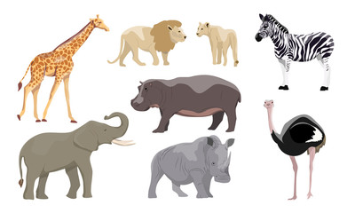 African animals set. Elephant, lion and lioness, zebra, ostrich, hippo, rhino and giraffe. Animals of the savannah. Vector collection © AnnstasAg