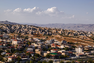 Picturesque panoramic landscape view on Goreme national park. Rose and Red valley in Goreme national park, concept of Cappadocia as touristic destination. Turkey, Asia.