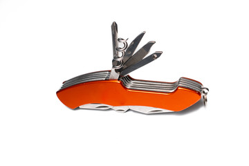 Colored corkscrew for opening bottle of wine, on white background. Accessory with multiple tools,...