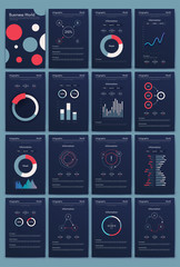 Modern infographic vector elements for business brochures. Use in website, corporate brochure, advertising and marketing. Pie charts, line graphs, bar graphs and timelines.