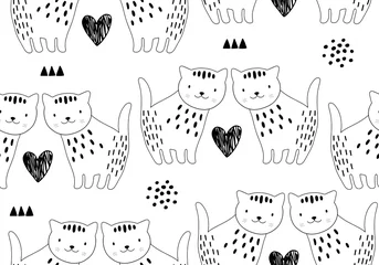 Foto op Aluminium Animal seamless pattern with cat and different shapes. Abstract baby background illustration. © OliaGraphics