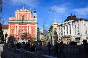 Obraz premium Lubiana / Slovenia - December 8, 2017: View of Lubiana centre, Lubiana, Slovenia