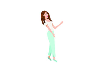 girl, vector flat illustration of girl in white t-shirt and pants on a white background